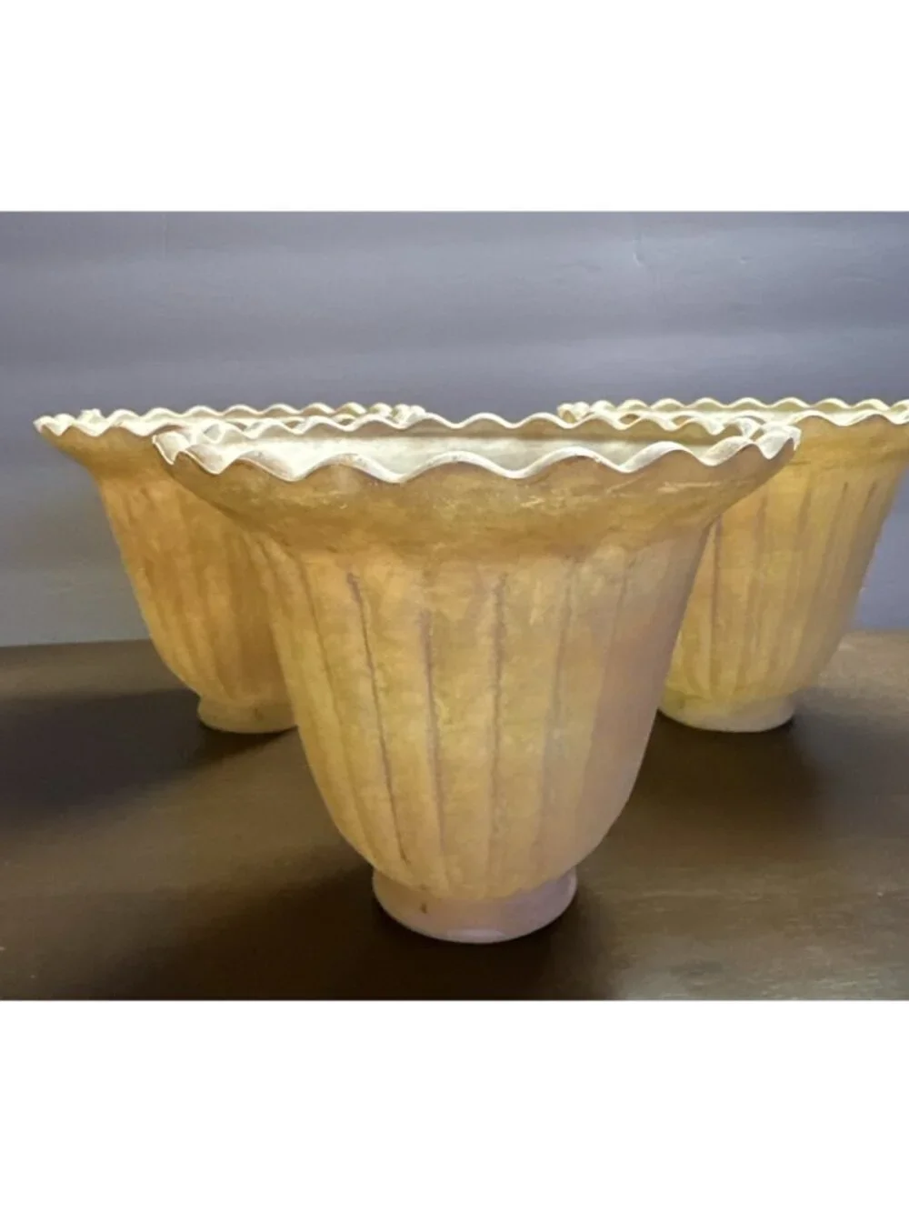Vintage Fitted Glass Bell Shades Three Beige Marble Painted Ribbed Scalloped